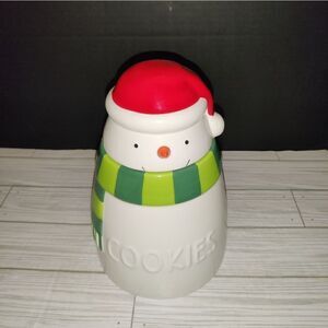 Hallmark Vintage 9" Tall Ceramic White Snowman With Green Scarf Cookie Jar